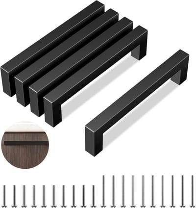 Famanu - Roestvrijstalen meubelgrepen, zwart, handgrepen voor keukenkasten, 128 mm gatafstand, keukengrepen, met 20 schroeven, duurzame deurgrepen, zwart, voor meubels, keuken, laden, 5 stuks