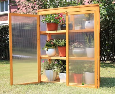 LotaHome - Broeikas - Kweekkast - Tuinkas - Kweekbak - Plantenbed - Kweekhuis met Deur - Mini Kweekkast - Stabiel en Duurzaam - Voor elke Tuin - Met 3 Legplanken - Planten Kweken - Hout - Bruin - 82x34x107cm