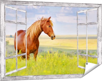 Gards Tuinposter Doorkijk Bruin Paard in de Wei - 120x80 cm - Tuindoek - Tuindecoratie - Wanddecoratie buiten - Tuinschilderij
