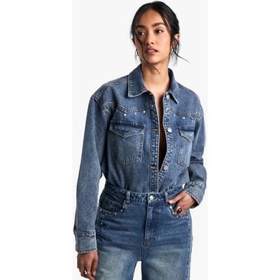 boohoo Dames Studded Western Denim Shirt | Mid Blue | Maat: 10