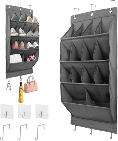 Hangend Schoen Organizer Hangend met 14 Grote Vakken, Boven de Deur Schoenrek voor Kast met 3 Metalen Hakjes en 3 Zelfklevende Hakjes (Grijs)
