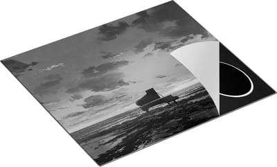 Chefcare Inductie Beschermer Piano op het Strand bij Zonsondergang - Zwart Wit - 60x50 cm - Afdekplaat Inductie - Kookplaat Beschermer - Inductie Mat