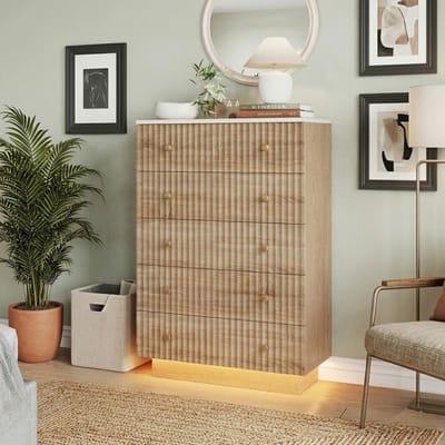 Commode met 5 laden, houten commode, LED-verlichting en grote opbergruimte, opbergmeubel 73x40x111 cm, voor slaapkamer, woonkamer, moderne stijl, licht eikenhout