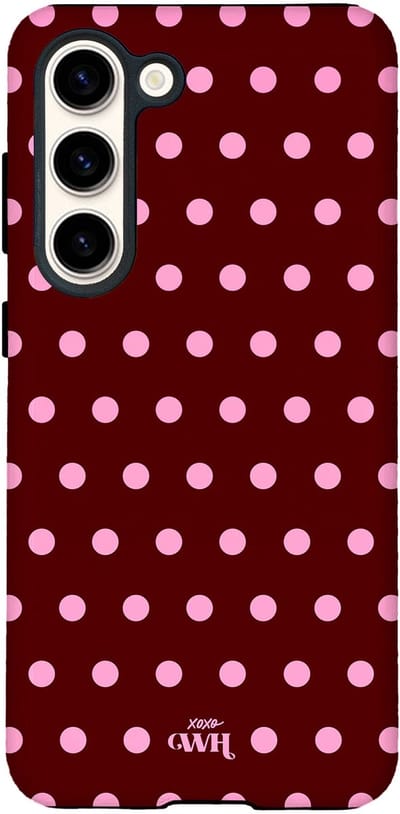 xoxo Wildhearts Polka Dots (Burgundy) - Double Layer - Hoesje geschikt voor Samsung Galaxy S24 hoesje - Hard case met stippen patroon - Beschermhoes - Shockproof case - Stippatroon - Burgundy / Bordeauxrood