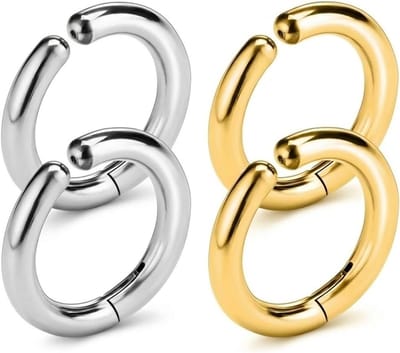 Set van 4 Fake Ear Piercing Cuff Oorbellen Clip zonder Doorboren in RVS, Zilver en Goud, 10mm Kleine Hoepel Oorbellen voor Helix en Neus, Unisex Sieraden