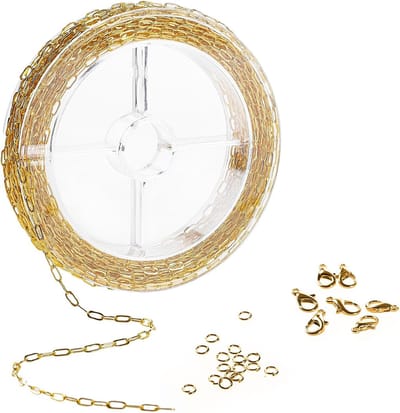Gouden schakelketting, 12 meter x 2 mm, doe-het-zelf ketting met 100 buigringen en 30 karabijnsluitingen, sieradenaccessoires