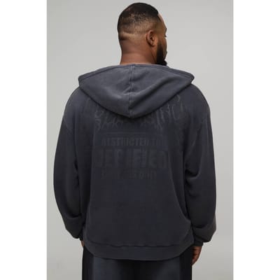 Plus Oversized Boxy Exclusieve Slogan Gothic V-hals Ruwe Zoom Bedrukte Gewassen Hoodie | Washed Black | Size 2XL