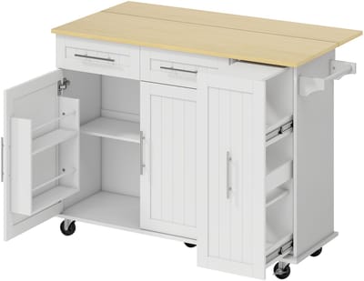 Keukeneiland - Verplaatsbaar - Keukenkast - Dressoir - Organizer - Kasten - Houten Werkblad - 2 Deuren - Wit + Naturel