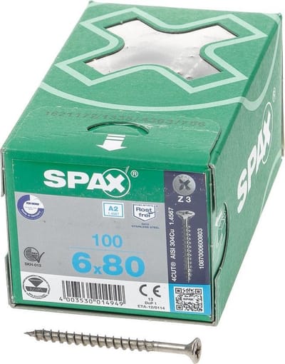 Spax Spaanplaatschroef platverzonken kop RVS pozidriv 6.0x80mm (per 100 stuks)