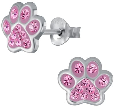 Joy|S - Zilveren kat hond dieren poot oorbellen - 8 mm - kristal roze - dierenpoot