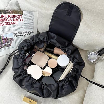Sac à cosmétiques à cordon de serrage pour femmes, sac de rangement de voyage, sac de maquillage, pochette de maquillage Portable étanche, trousse de toilette et de beauté noir
