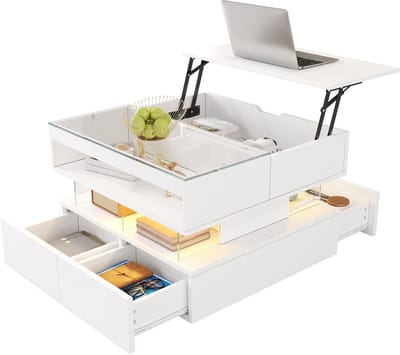 Merax Salontafel Verstelbaar - Moderne Woonkamer Tafel met Lift-Top Functie - Glazen Tafelblad met Acryl Dragers - 16 Kleuren LED Verlichting - Opberglades - Wit - 70x67x57 cm
