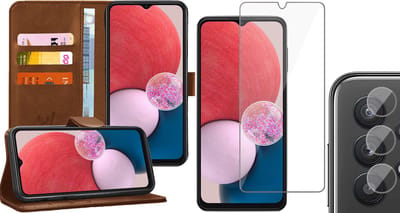 Hoesje geschikt voor Samsung Galaxy A13 4G - Book Case Kunstleer Wallet Cover Portemonnee Pasjeshouder Hoes Bruin - Tempered Glass Screenprotector - Camera Lens Protector