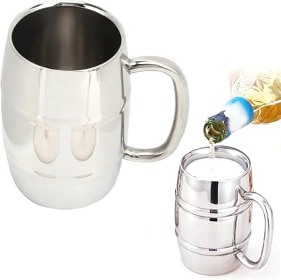 MK Stoer - Dubbelwandige Bier Mok - RVS - Groot formaat - 550ML - Bier - Melk - Wijn - Geschikt voor Feesten - Zilverkleurig - Klassiek model - Biercup