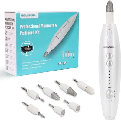 BEAUTURAL Elektrische manicureset, pedicureset met 7 opzetstukken, krachtige nagelvijl voor vingernagels en teennagelverzorging, led-licht (EU)