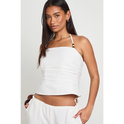 boohoo Dames Linnen Look Gekraald Halter Neck Top | Ecru | Maat: 36