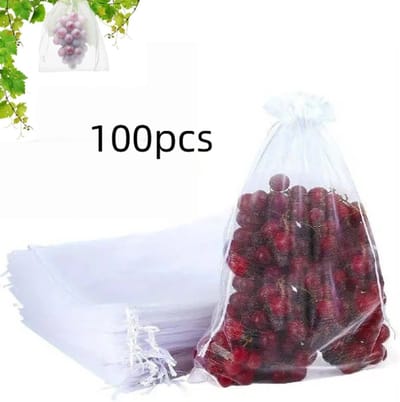 100 stuks - Fruitbeschermende zakjes met trekkoord - Netzakjes - Fruitbeschermende zakjes - Insectenwerende fruitzakjes - Fruitnethoezen - Gaasnetjes - Herbruikbaar - Wit - 10*15 cm - Geschikt voor tuinen met planten, fruit, bloemen, groenten