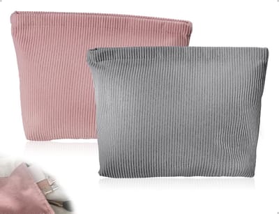 Draagbare Corduroy Make-up Tas voor Vrouwen en Meisjes - Klein Reistasje met Rits voor Huidverzorging en Cosmetica (Grijs en Roze)