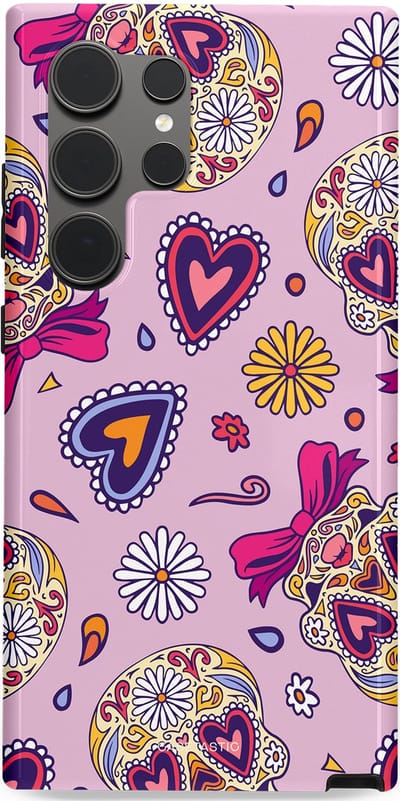 Casetastic hoesje geschikt voor Samsung Galaxy S24 Ultra - Dubbellaagse bescherming - Dia de los Muertos Doodshoofd Strik - Fashion Case - Lichtroze Lila Taupe Zilver