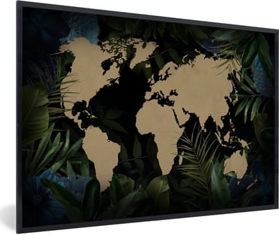 Poster in lijst - Fotolijst 90x60 cm - Posters - Wereldkaart - Zwart - Bladeren - Posterlijst zwart - Decoratie - Wanddecoratie woonkamer - Muurdecoratie slaapkamer