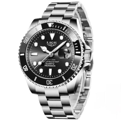 Lige - Herenhorloge - Mannen - Zwarte Polsband - Zwart en Zilver - Horlogedoos -