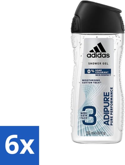 6 x Adidas - 3-in-1 Douchegel - Adipure Pure Performance - Huidvriendelijk - 0% Zeep Kleurstof - 250 ml - Adidas Adipure Douche & Shampoo - 0% Zeep - Huidvriendelijk - Lichaam En Haar Verzorging - Dermatologisch Getest
