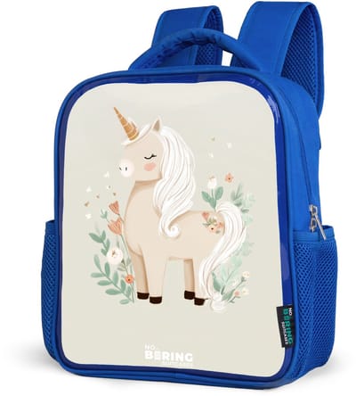 NoBoringSuitcases.com® - Rugzak blauw - Schooltas jongens - Eenhoorn tussen bloemen in beige kleuren - Kinder rugtas jongen - Boekentas kind - Kinderrugzak voor school - Schoolrugzak