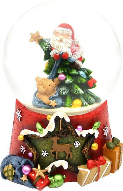 Viv! Christmas Kerst Sneeuwbol incl. Muziekdoos - Kerstman bij Kerstboom met Teddybeer - rood - 14,5cm