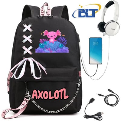 Schattige Axolotl bedrukte studentenschooltas voor meisjes zwarte rugzak usb kindertas casual tas terug naar school cadeau