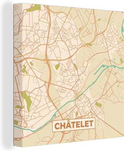 Canvas Schilderij Plattegrond - Kaart - België - Châtelet - Stadskaart - 20x20 cm - Wanddecoratie