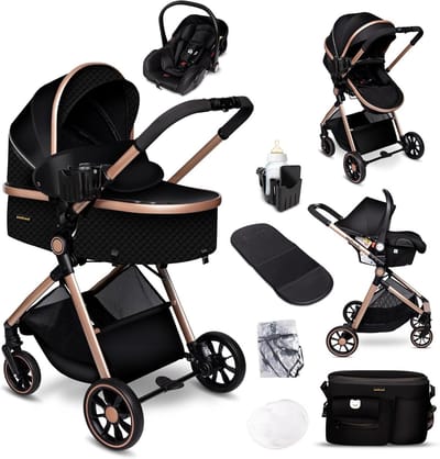 3-in-1 Kinderwagen - Reiswieg Buggy - Baby Vervoeren - TÜV-Gecertificeerd - 8 kg - Zwart Goud