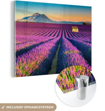 MuchoWow® Glasschilderij 40x30 cm - Schilderij acrylglas - Lavendel - Berg - Bloemen - Foto op glas - Schilderijen