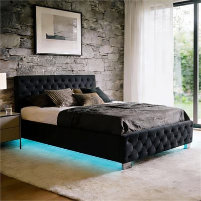 tectake® Gestoffeerd bed met lattenbodem - 140 x 200 cm - Fluweellook Zwart - Twijfelaar - Bedframe met opbergruimte en LED strip - Inclusief afstandsbediening - Eenvoudige montage