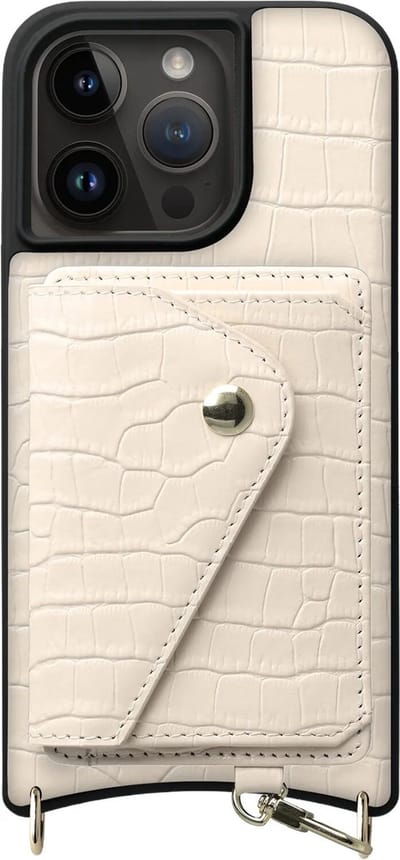 AVY Leren Hoesje Geschikt voor Apple iPhone 15 Pro | Met Magnetische Kaarthouder | Compatibel met MagSafe | Leather Case met Wallet | Croco Beige