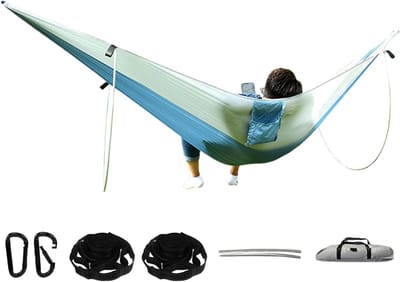 Kampeerhangmat - Draagbare hangmat - Buiten ontspannen - Dubbele steunstangen - 290 x 140 cm - Blauw