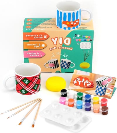 DIY Keramisch Schilderset voor Volwassenen met 2 Mokken, 12 Kleuren, 4 Penselen en 2 Paletten - Creatieve Schilderinspiraties en Schilderen voor Beginners
