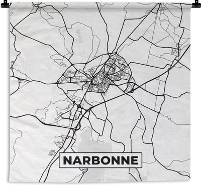 Wandkleed - Wanddoek - Stadskaart - Plattegrond - Narbonne - Kaart - Frankrijk - Zwart wit - 180x180 cm - Wandtapijt