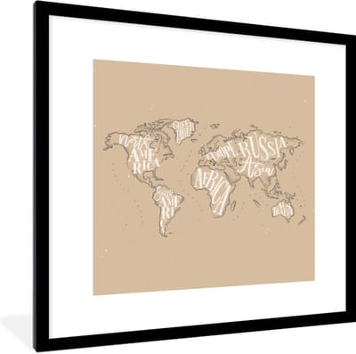 Poster in lijst - Fotolijst 40x40 cm - Posters - Wereldkaart - Bruin - Wit - Letters - Posterlijst zwart - Decoratie - Wanddecoratie woonkamer - Muurdecoratie slaapkamer