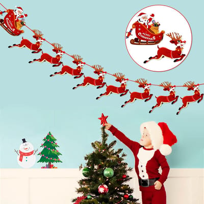 Dailygoods- Kerstbanner Vrolijk Kerstfeest - Slinger met Rudolf en Kerstmanslee - 9 Stuks - Duurzaam Knutselpapier - 3 Meter Rood Lint - Herbruikbaar Decoratie - Kerstdecoratie