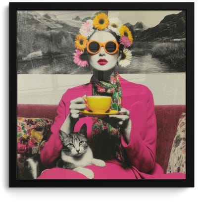 Poster in lijst - Fotolijst 40x40 cm - Posters - Vrouw - Kat - Bloemen - Kopje - Retro - Posterlijst zwart - Decoratie - Wanddecoratie woonkamer - Muurdecoratie slaapkamer