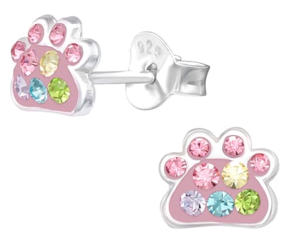 Joy|S - Zilveren kat hond dierenpoot oorbellen - roze met kristal multicolor - 7 x 5 mm - poot afdruk