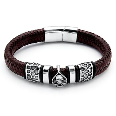 Victorious Gevlochten Leren Armband Heren – Bruin Leer – Zilver Spade - 19cm
