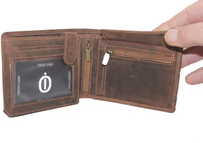 Oi Hunter bruine leren heren portemonnee met rits voor kleingeld / laag model billfold voor veel pasjes met rits voor muntgeld / leren heren beurs met ritsvak / RFID safe / bruin leer / 353H