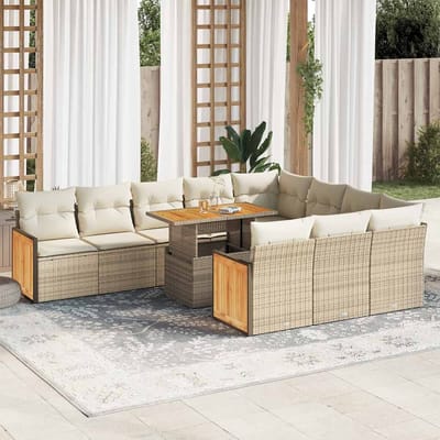 vidaXL - 11-delige - Tuinset - met - kussens - poly - rattan - acacia - beige