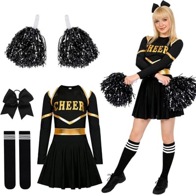 Vrouwelijk Cheerleader Kostuum met Pompoms, Gestreepte Sokken en Hoofddeksel voor Carnaval en Themafeesten