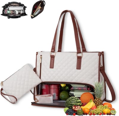 koeltas - Lunchtas - Lunchtassen voor vrouwen - Handtas - 15,6 inch 2 in 1 draagtas - Insulated Lunch Bag Combo - Large Tote with Lunch Compartment - Witte PU buitenlaag + polyester voering
