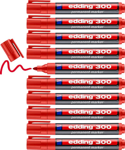 edding 300 permanent marker - rood - 10 stiften - ronde punt 1,5-3 mm - watervast, sneldrogend - wrijfvast - voor karton, kunststof, hout, metaal, glas