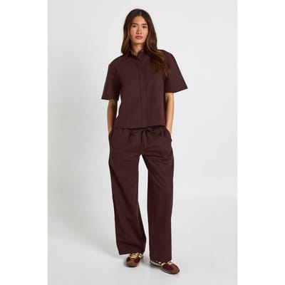 boohoo Dames Chambray Trekkoord Wijde Pijpen Broek | Chocoladebruin | Maat: 34