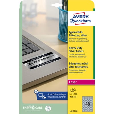 Avery-Zweckform L6129-20 Etiketten voor typeplaatjes Ø 30 mm Polyester folie Zilver 960 stuk(s) Permanent hechtend Laser (zwart/wit), Kopiëren