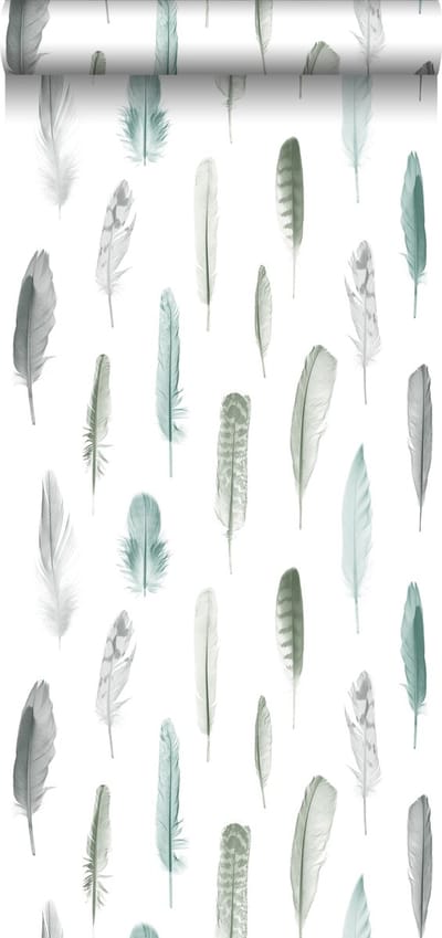 Walls4You behang veren grijs, blauw en wit - 935296 - 53 cm x 10,05 m